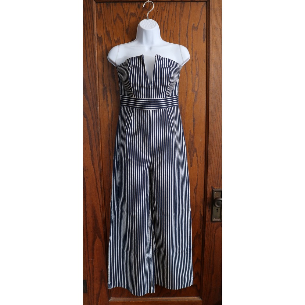 MAIN STRIP Striped Strapless Wide Leg Jumpsuit Women S Navy Blue Nautical V-Neck